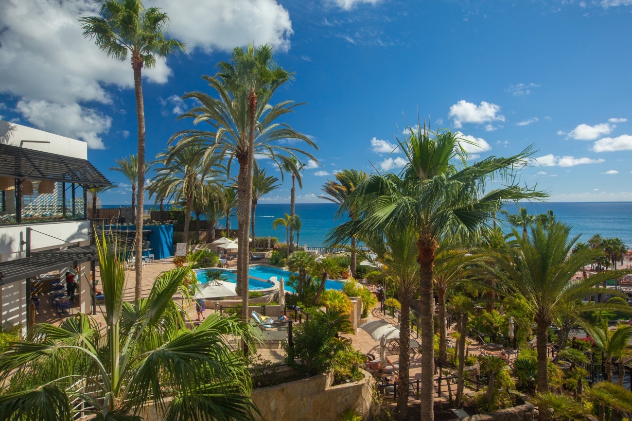 Jardín tropical con palmeras y piscina frente al mar